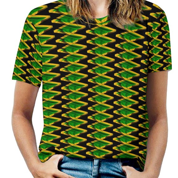 Green Gold Diamond Pattern Women's Short Sleeve Tops Casual Blouses T Shirt