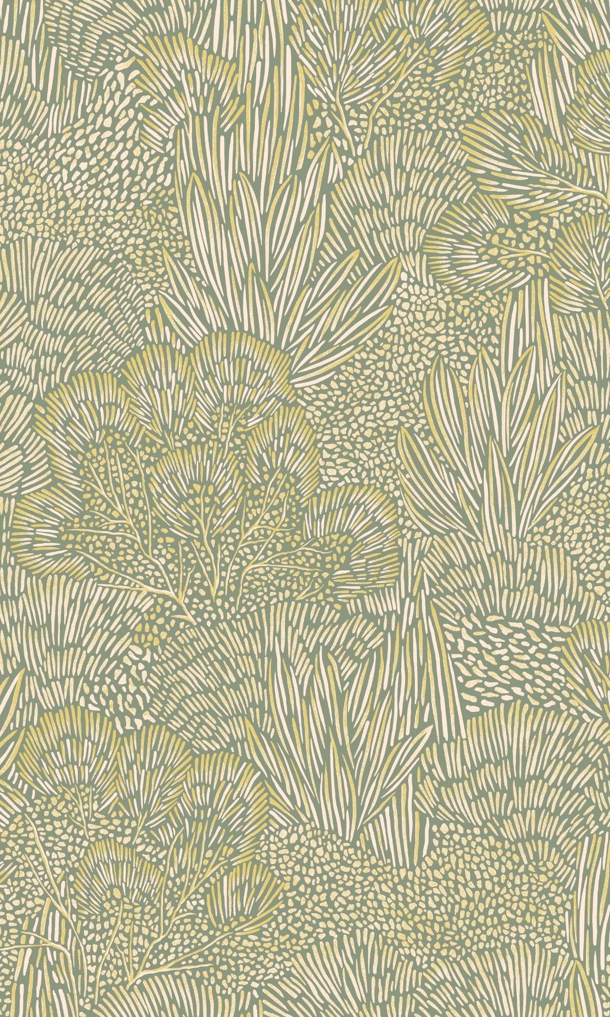 Green & Gold Embossed Leaves & Trees Tropical Wallpaper, Double Roll, 57 sqft