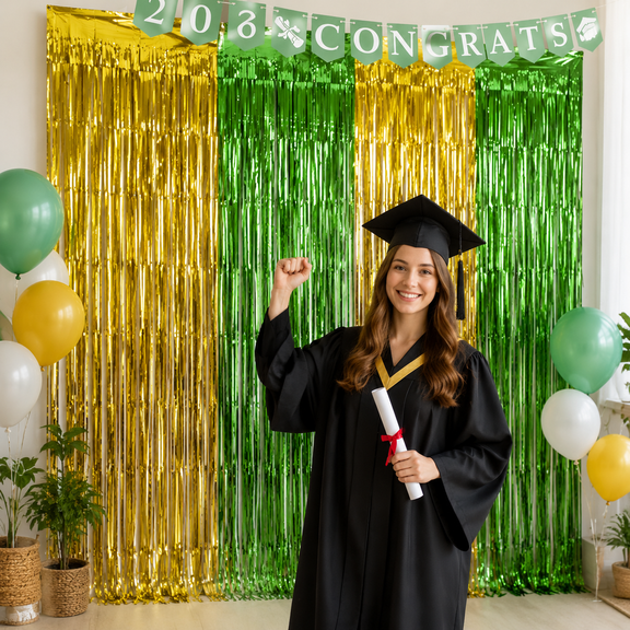 Green Gold Foil Fringe Curtains 3.3x6.6 ft, 2 Pack Graduation Party Decorations for Class of 2026, Tinsel Backdrop for Grad Photo Booth, Prom, and Celebration Decor