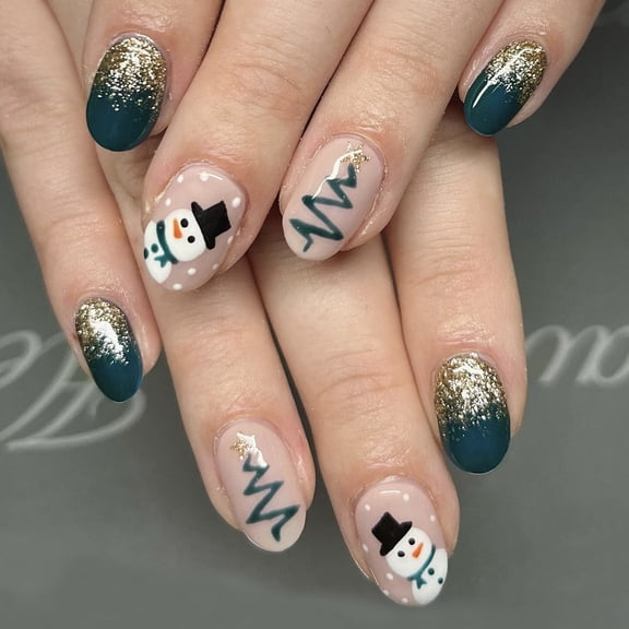 Green Gold Glitter Christmas Press on Nails Medium Almond Fake Nails Snowman Tree Design Full Cover Adhesive Press Ons Glossy Acrylic False Nails Artificial Nail Tips for Holiday 24 Pcs