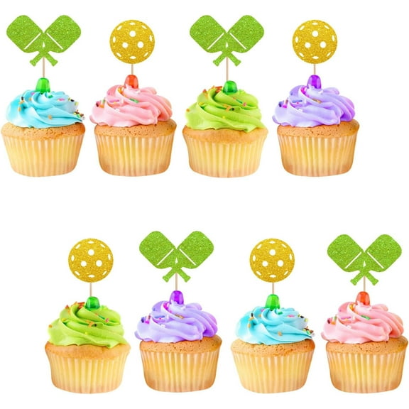Green Gold Glitter Pickleball Racket Ball Cupcake Toppers 12 Count Pickleball Tournament Game Party Dessert Decor Toppers
