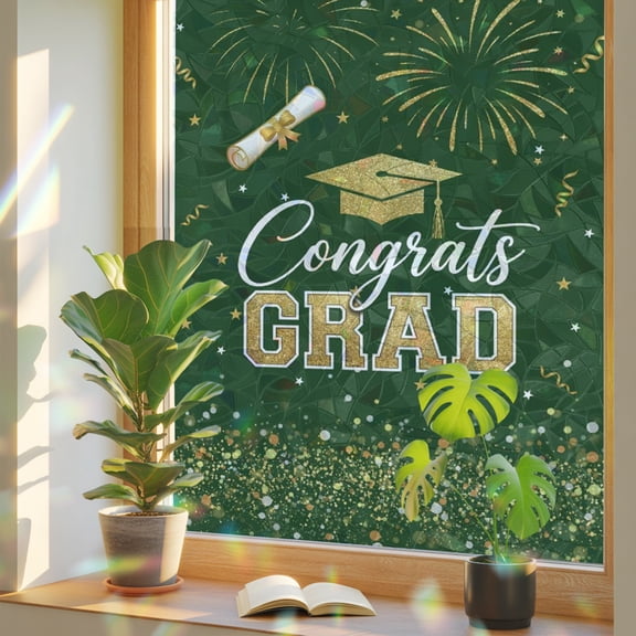 Green Gold Graduation Cap Window Privacy Film, Graduates Celebration Fireworks Classic Stained Glass Rainbow Film Decorative Window Clings, Static Cling Sun Blocking Stickers 17.7" x 39.3"