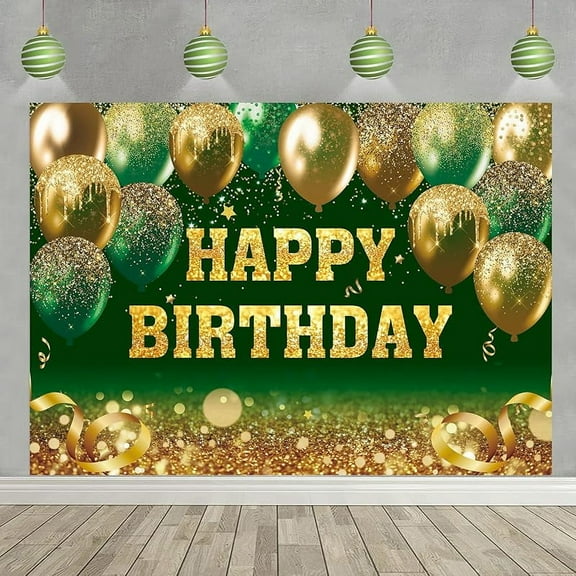 Green Gold Happy Birthday Backdrop Gold Green Glitter Bokeh Balloon Sequin Birthday Photography Background for Women Men Kids Party Decoration Banner