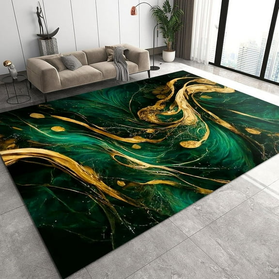 Green Gold Ink Abstract Soft Area Rug, Green Gold Pattern Washable Carpet, with Non-Slip Backing for Bedroom Living Room Dining Room Study 2ftx3ft