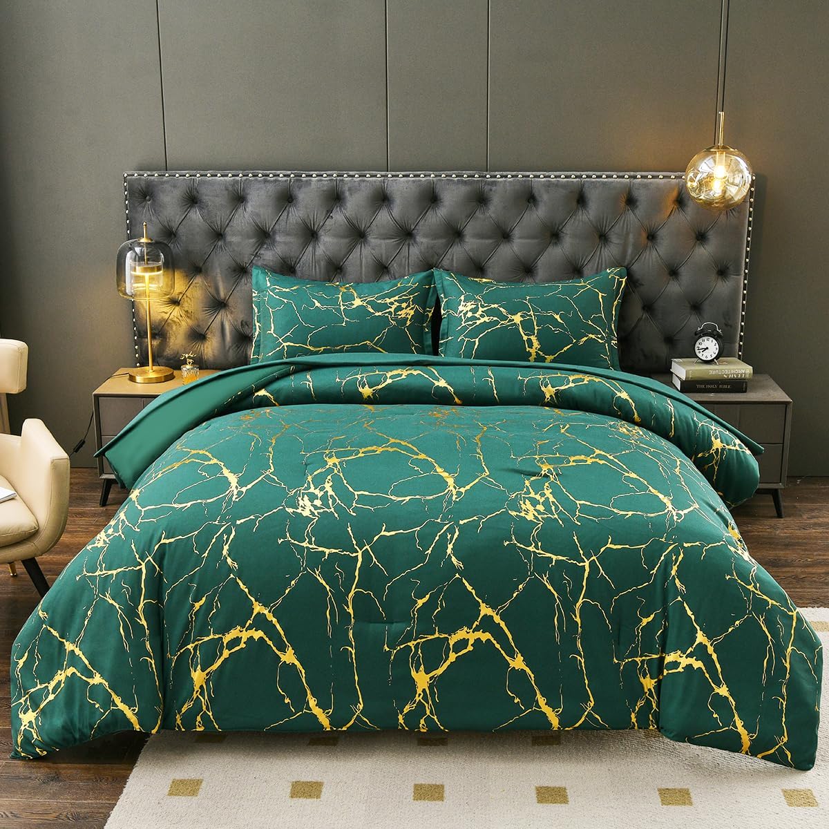 Green Gold King Size Comforter Set with Sheets, Print Glitter Foil Marble 5Pcs Bed in a Bag King