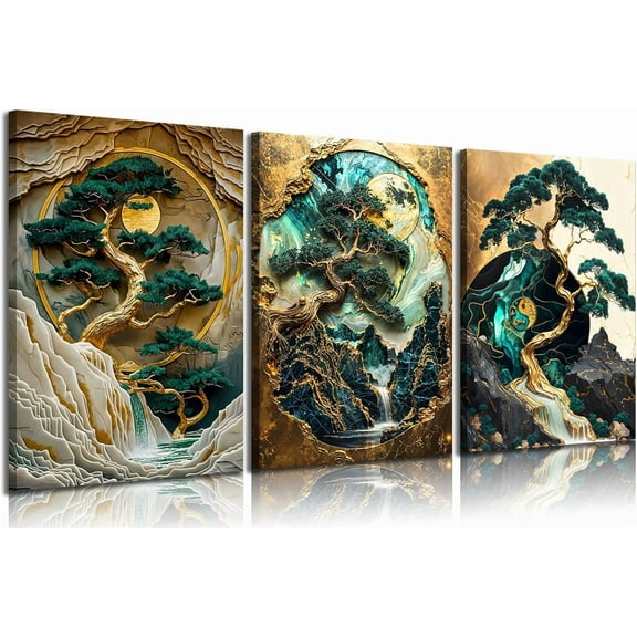 Green And Gold Landscape Canvas Wall Art Abstract Scape Pine Trees Wall Decor Pictures Modern 3d Visual Effects Posters Prints for Living Room Bedroom Office Home Decoration Unframed