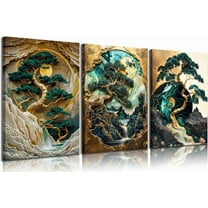 Green And Gold Landscape Canvas Wall Art Abstract Scape Pine Trees Wall Decor Pictures Modern 3d Visual Effects Posters Prints for Living Room Bedroom Office Home Decoration Unframed