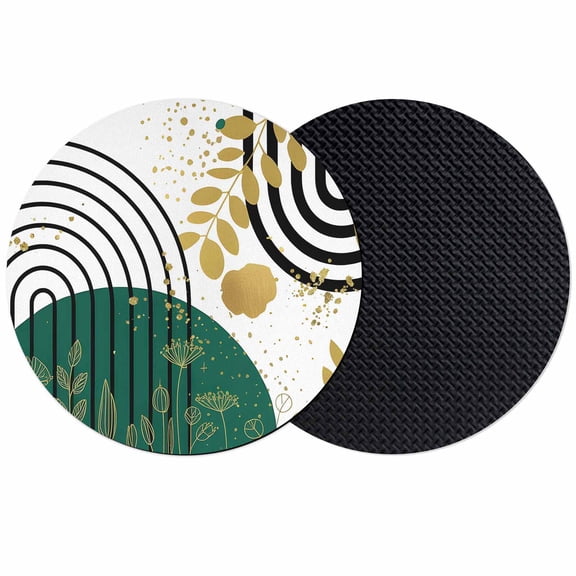 Green Gold Leaf Black Circle Coasters for Drinks,Absorbent Non Slip Rubber Drink Coasters Set of 2 for Cup,Table,Bar,Home Decor, Boho Mid Century