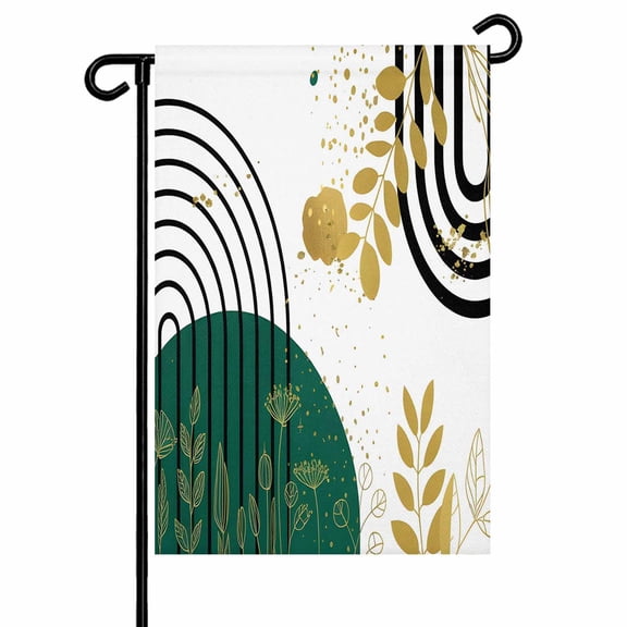 Green Gold Leaf Black Circle Garden Flags for Outside Boho Mid Century Double Sided Yard Flags Outdoor House Decoration, Small 12X18 Inch,