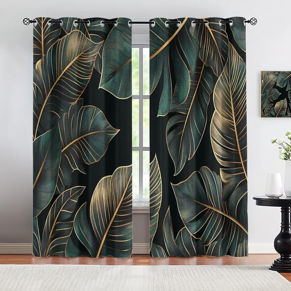 Green Gold Leaf Blackout Curtains for Girls Boys Home Decor, Vintage Palm Leaf Curtains, Rainforest Plants Grommet Curtain for Living Room Bedroom 53"W x 96"L (Pack of 2)