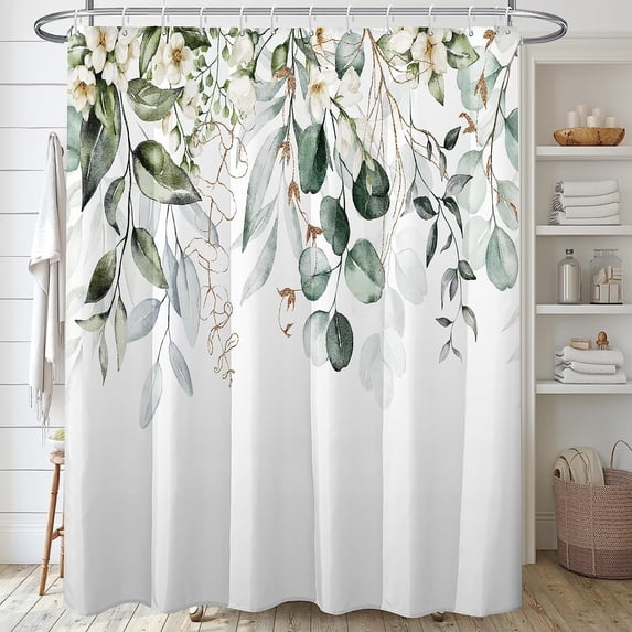 Green Gold Leaves and Branches Shower Curtain Sets,Simple White Bathroom Curtains,Modern Minimalist Bath Curtain, Waterproof Fabric with 12 Hooks 72x72 Inches