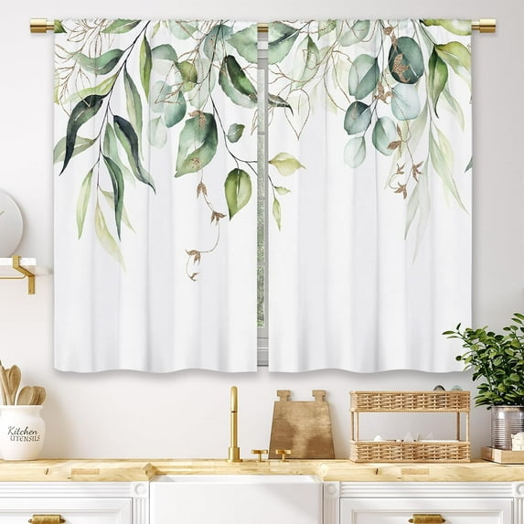Green Gold Leaves Kitchen Curtains Watercolor Sage Eucalyptus Small Short Cafe Window Curtains Botanical Floral Plant Bathroom Window Drapes Treatment Tier Curtains 2 Panels (27.5x39 Inch)