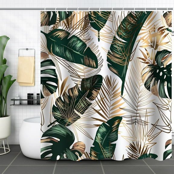 Bevtee Green Gold Leaves Shower Curtain, Tropical Palm Leaf Jungle Rainforest Plants Modern Boho Bathroom Curtain, 72x72