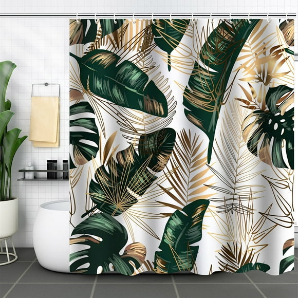Green Gold Leaves Shower Curtain, Tropical Palm Leaf Jungle Rainforest Plants Modern Boho Bathroom Curtain, 72x72