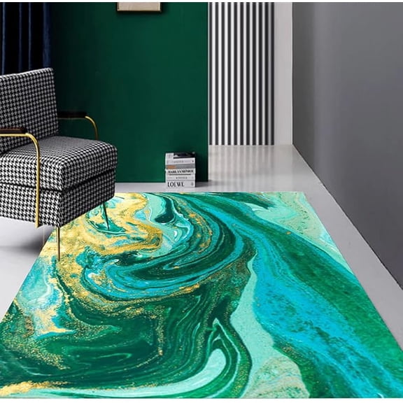 Green Gold Liquid Abstract Abstract Aesthetic Modern Contemporary Area Rug Washable Thick Marble Swirl Rug For Living Room Bedroom Dining Room Office Floor Carpet No-Slip Runner Mat 2 x 3ft