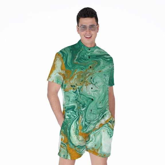 Green Gold Liquid Marble Short Sleeve Men'S Rompers Casual Summer Jumpsuits Outfit