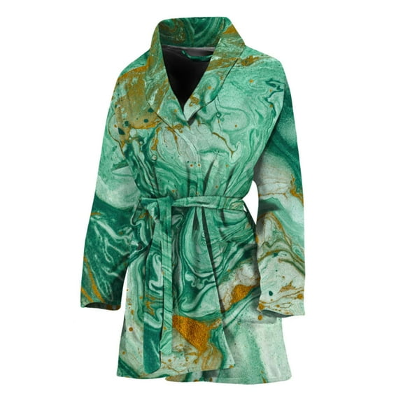 Green Gold Liquid Marble Women Bathrobe One Size Univeral Fits Fashion Lightweight Plush Fleece Long Robe For Women