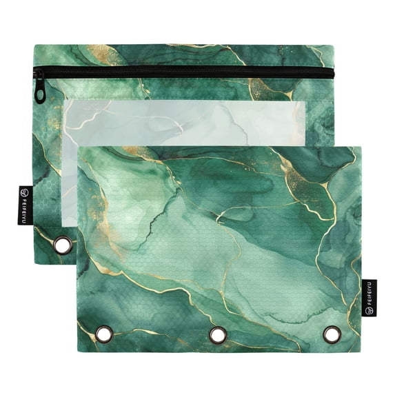 Green Gold Marble 2 Pack Pencil Pouch for 3 Ring Binder Smooth Zipper Folders with Pockets Clear Window Pencil Case