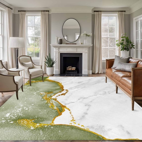 Green Gold Marble 5'x7' Area Rug, Modern Abstract Marble Crack Texture Washable Non-Slip Soft Rugs, Low-Pile Large Carpet for Living Room Bedroom Dining Room, Non-Shedding Accent Rug