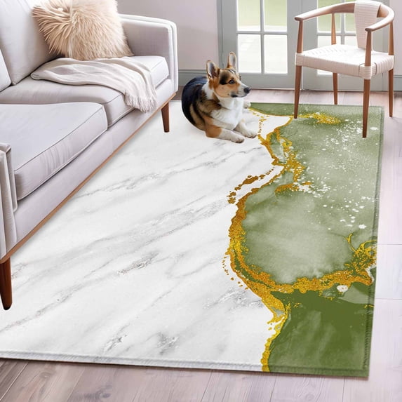 Green Gold Marble Area Rug 4'x6', Modern Abstract Marble Crack Texture Washable Non-Slip Rugs, Low Pile Large Carpet for Living Room Bedroom Dining Room Kitchen Office Indoor Mat