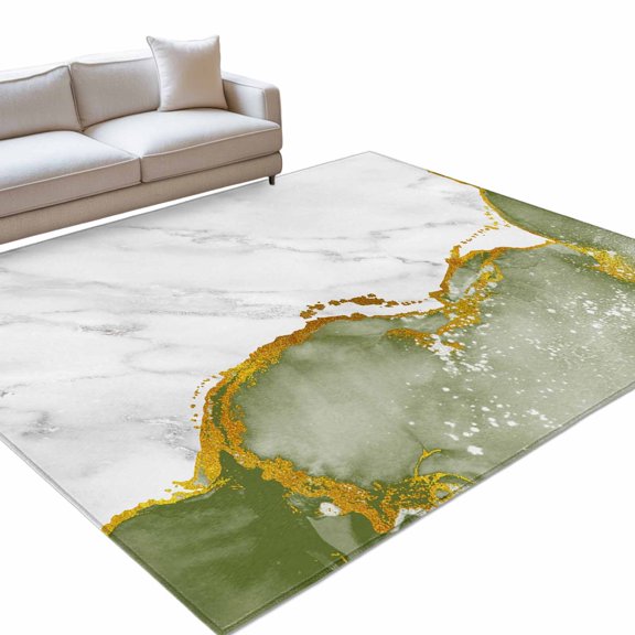 Green Gold Marble Area Rug, Abstract Wave Non-Slip Felt Rubber Backing Rectangle Indoor Carpet Washable Rugs for Living Room Bedroom 5x8ft