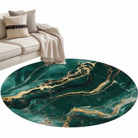 Green Gold Marble Area Rug, Bronzing Modern Abstract Art Washable Large Circle Carpet, Non Slip Round Rug for Living Room/Bedroom/Dining Room/Home Office/Dorm