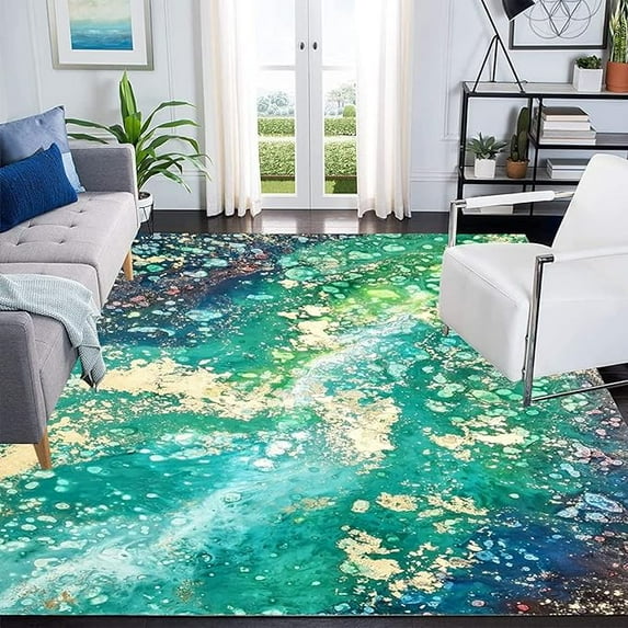 Green Gold Marble Area Rug For Living Room Bedroom, Coastal Beach Modern Abstract Soft Washable Carpet, Indoor Decorative Rugs With Non-Slip Backing 4 x 5ft