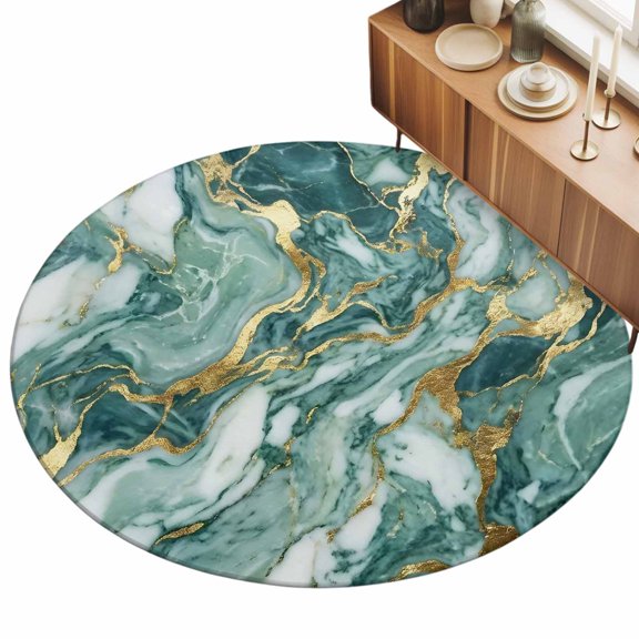 Green Gold Marble Area Rug, Luxury Gorgeous Modern Abstract Non-Slip Felt Rubber Backing Round Indoor Carpet Washable Rugs for Living Room Bedroom 4ft