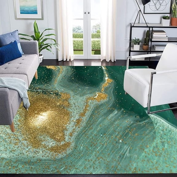 Green Gold Marble Area Rug, Modern Abstract Aesthetic Indoor Rugs Non-Slip Machine Washable Carpet For Living Room Bedroom Dining Room 2 x 3ft