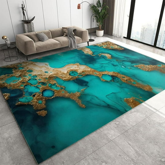Green Gold Marble Area Rug, Retro Abstract Luxury Machine Washable Carpet, Lightweight Portable Breathable Soft Comfortable for Bedroom Living Room Study Office 3x4ft