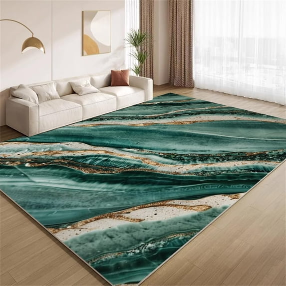 Green Gold Marble Area Rugs Fluid Gold Foil Texture Rugs Soft Washable ...