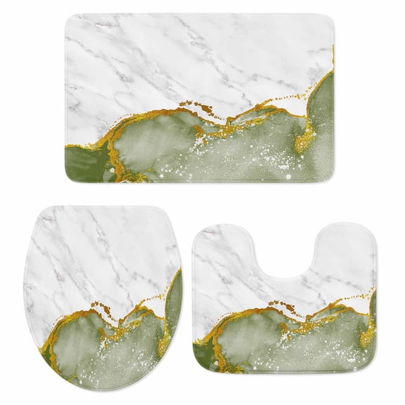 Green Gold Marble Bath Mat 3 Piece Bathroom Rug Set, Modern Abstract Marble Crack Texture Non Slip Bath Rug Contour Mat and Toilet Lid Cover, Absorbent Shower Mats Soft Bath Rugs and Mats Sets