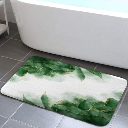 Green and Gold Marble Bath Mat for Bathroom, Dark Emerald Sage Hunter Olive Green Floor Rugs Mats Non Slip Modern Golden Bathroom Decor Accessories 19X31 Inches Kitchen Bedroom Indoor