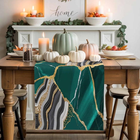 Green Gold Marble Cotton Linen Table Runner, Washable Table Runners for Kitchen, Dining Room, Holiday, Home Party Table Decor, 13x36 Inches