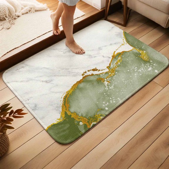Green Gold Marble Doormat Bathroom Mat, Non Slip Entrance Bath Floor Rug Door Mat, Modern Abstract Marble Crack Texture Absorbent Washable Indoor Outdoor Small Throw Rug for Entryway 15.7x23.6 Inches