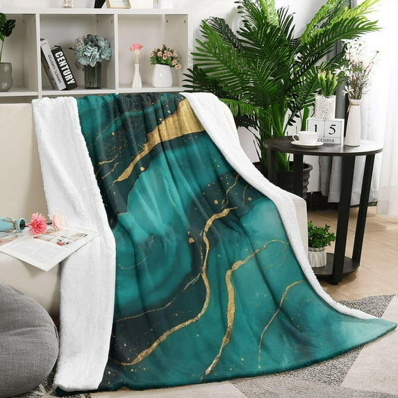 Green and Gold Marble Glitter Waves Pattern Blanket,Comfortable Soft Flannel Throw Blanket,All Season,Warm Lightweight Blankets for Sofa Bed Couch Living Room Chair,50"x60"