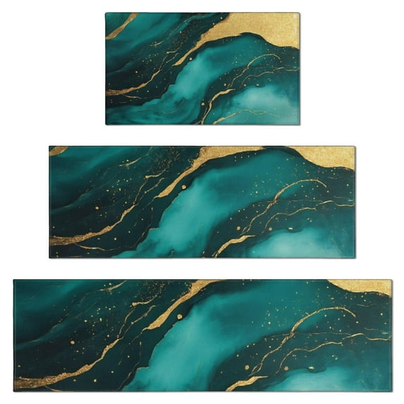 Green and Gold Marble Glitter Waves Pattern Kitchen Rugs Sets Of 3,Kitchen Runner Rugs Non Skid Washable,Decorative Kitchen Floor Mats for Kitchen,Sink,Laundry,17"x30"+ 17"x47" + 17"x59"