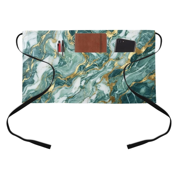 Green Gold Marble Half Waist Apron Luxury Gorgeous Modern Abstract Short Waiter Aprons with 3 Pockets for Women Men Kitchen Restaurant Cooking