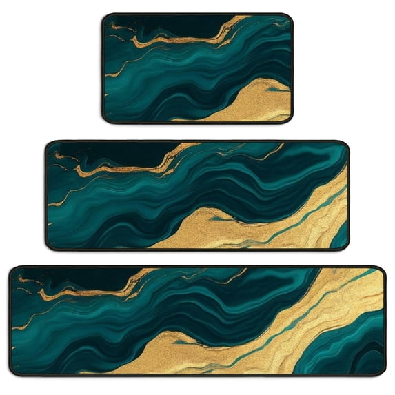 Green and Gold Marble Pattern Kitchen Rugs Set Of 3, Non Slip Washable Kitchen Runner Rugs, Decorative Floor Mats for Sink Laundry and Home Use, 17"x30" + 17"x47" + 17"x59"