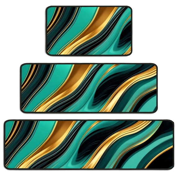 Green and Gold Marble Pattern Kitchen Rugs Set Of 3, Non Slip Washable Kitchen Runner Rugs, Decorative Floor Mats for Sink Laundry and Home Use, 17"x30" + 17"x47" + 17"x59"