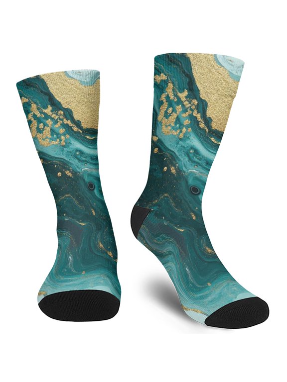 Green and Gold Marble Pattern Men's Mid-calf Crew Socks, Everyday Trainer Socks with Reinforced Heel & Toe, Breathable Durable Gifts Ideas for Holiday Birthday Gifts