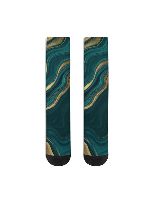 Green and Gold Marble Pattern Women's Crew Socks, Mid-calf Polyester Casual Dress Socks with Reinforced Heel & Toe, Breathable Durable Gifts Ideas for Women Ladies