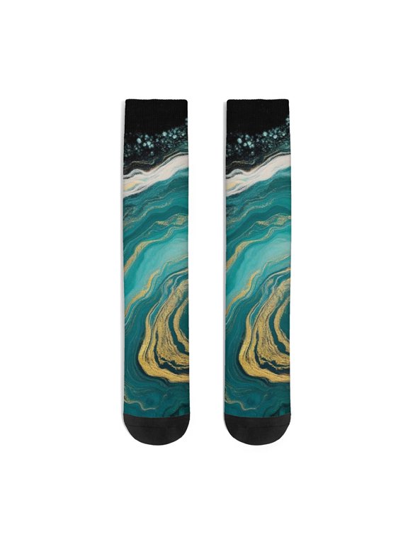 Green and Gold Marble Pattern Women's Crew Socks, Mid-calf Polyester Running Athletic Socks with Reinforced Heel & Toe, Breathable Durable Gifts Ideas for Women Ladies