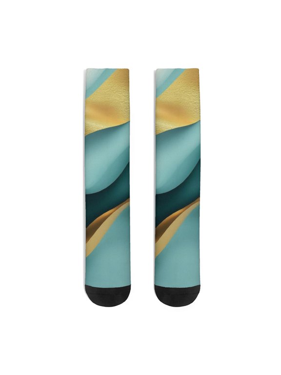 Green and Gold Marble Pattern Women's Crew Socks, Mid-calf Polyester Running Athletic Socks with Reinforced Heel & Toe, Soft Stretchy Gifts Ideas for Women Ladies