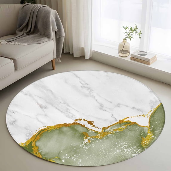 Green Gold Marble Round Area Rug 4ft, Modern Abstract Marble Crack Texture Washable Non-Slip Circle Rugs for Bedroom Living Room Kitchen, Soft Non Shedding Circle Carpet for Dining Room Dorm