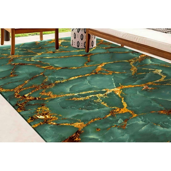Green And Gold Marble Rug, Gold Marble Rugs, Classic Rug, Marble Rugs, Green Rug, Customs Rug, Office Decor Rugs, Easy To Clean Rug, 2.6'x9.2' - 80x280 cm
