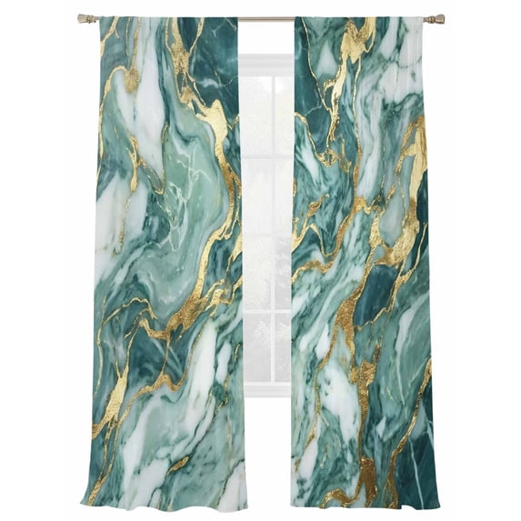 Green Gold Marble Sheer Curtains 2 Panels Set Luxury Gorgeous Modern Abstract Sheer Window Curtains Light Filtering Rod Pocket Voile Drapes for Bedroom Living Room 52"X96"