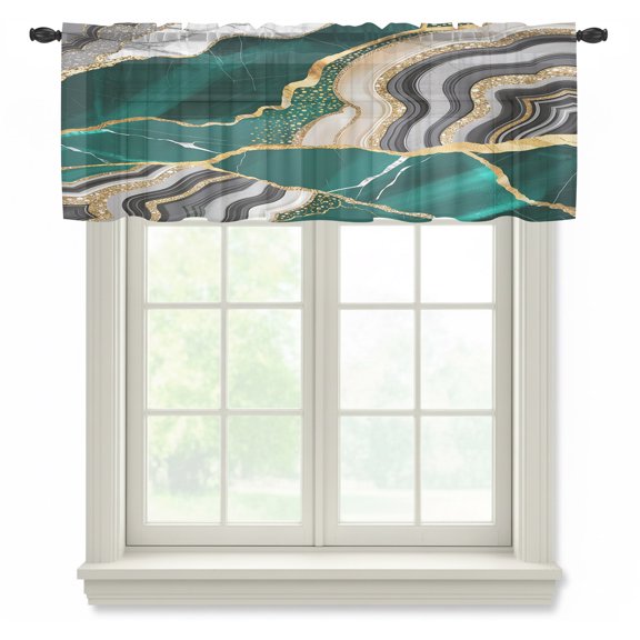 Green Gold Marble Sheer Valances for Windows Glitter Geometric Marble Foil Texture Semi Sheer Kitchen Valance Rod Pocket Small Window Voile Curtains for Living Room Bedroom Laundry 42 x 12 Inch