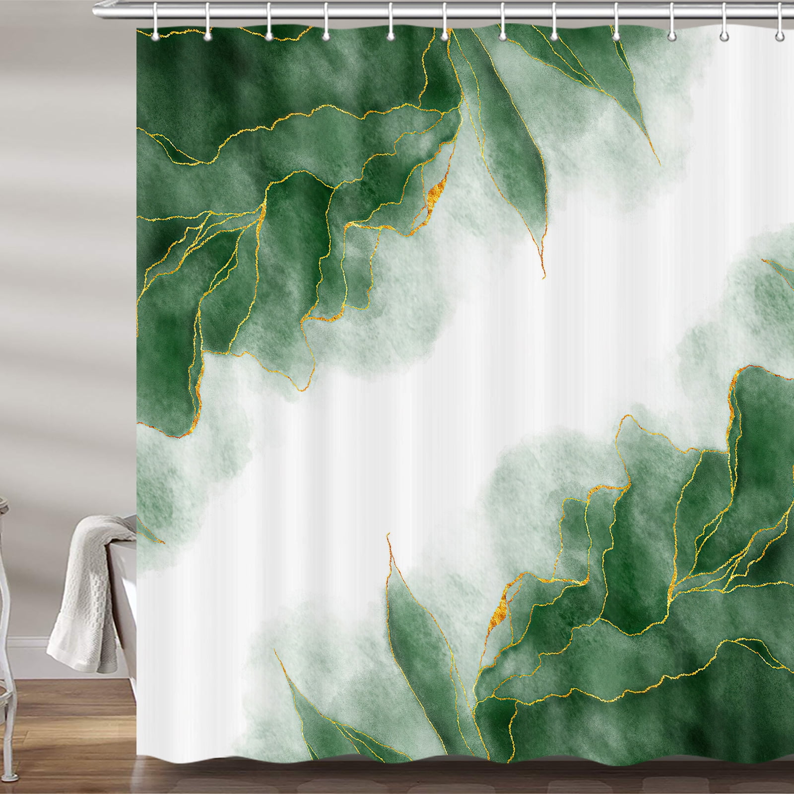 Green Leaves Simple Modern Shower Curtain Sets With Hooks Front
