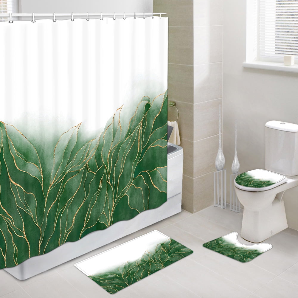 Green and Gold Marble Shower Curtain Sets with Rugs 4 Piece,Olive Green